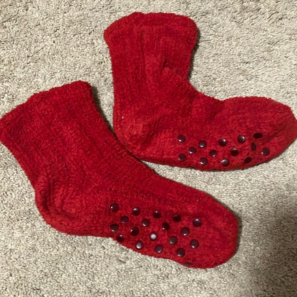 Red fuzzy grippy socks